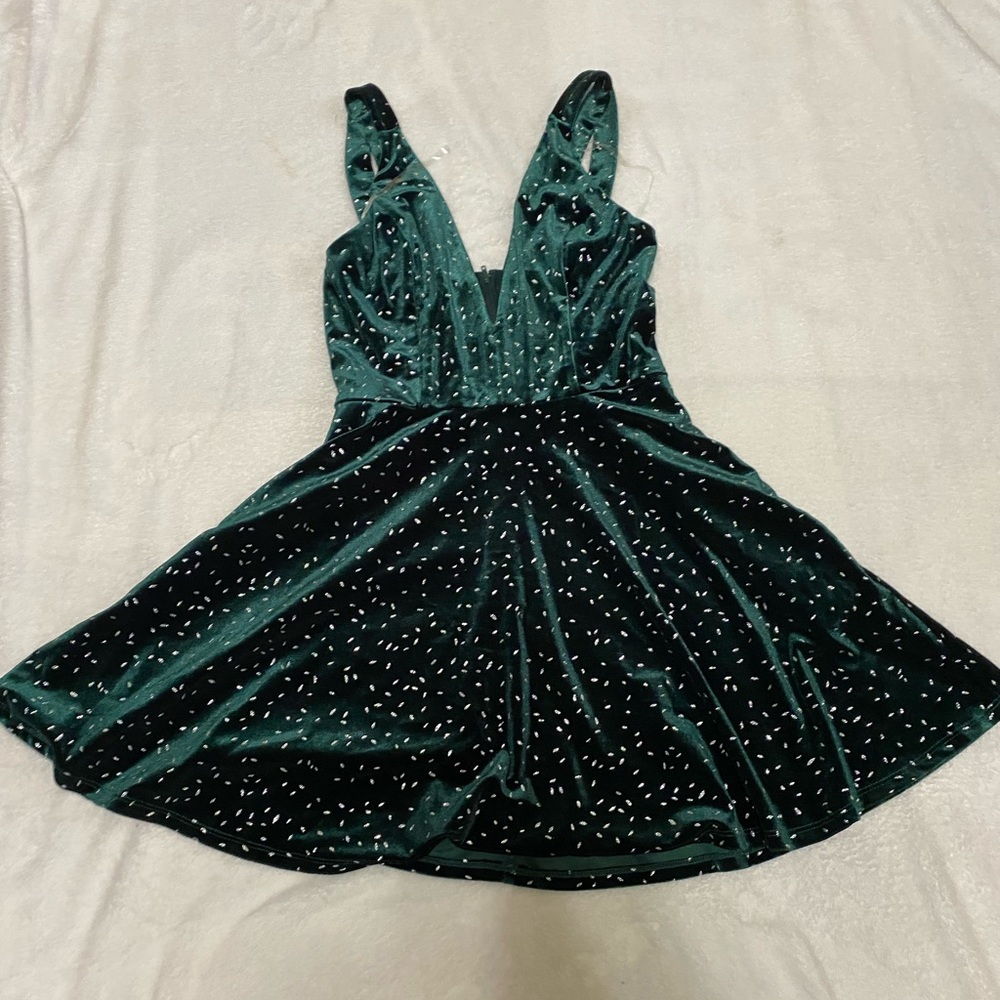 Green velvet party dress.